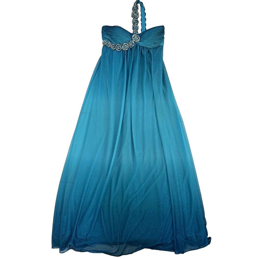Xscape Blue One-Shoulder Beaded  Maxi Dress Long Formal Party  10 Evening Gown